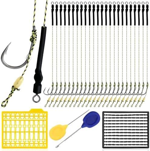 YOTO Carp Fishing Hair Rigs - 24 Pcs High Carbon Steel Curved Barbed Hooks with Swivels and Boilies by YOTO