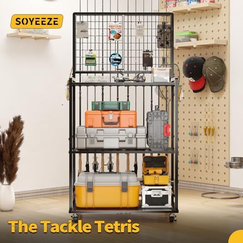 SOYEEZE Large Size Fishing Rod Holders for 12 Rods, Rolling Fishing Pole Holders for Garage, 3-Tier Fish Rod Rack for Tackle Box, Fishing Supplies,a Display Fish Gear Storage Gift for Man - Image 7