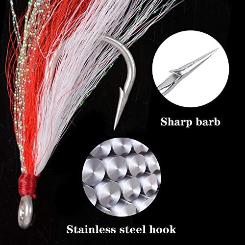 Bucktail Teasers Fishing Hooks Saltwater Flounder Rig Fishing Hooks Stainless Steel Bucktail Mylar Teasers Inserted for Striped Bass Trout Catfish Cod Flounder Hi/Lo Rig 3 Colors - Image 2