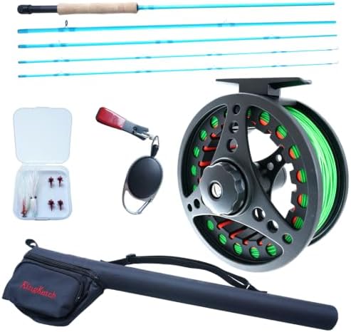 Fly Fishing Rod Combo, 4 Piece Portable 5/6WT Fly Rod with Extra Spare Tip, Pre-Loaded Fly Reel and Fly Line with Flies, Complete Starter Kit for Trout, Bass and Freshwater Fishing by KingKatch
