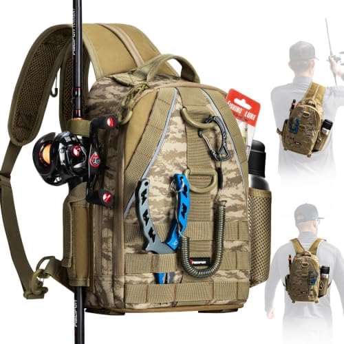Piscifun Fishing Backpack, Rod Holders, Lightweight Sling Bag, Khaki Camo by Piscifun