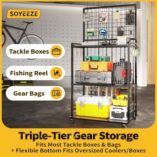 SOYEEZE Large Size Fishing Rod Holders for 12 Rods, Rolling Fishing Pole Holders for Garage, 3-Tier Fish Rod Rack for Tackle Box, Fishing Supplies,a Display Fish Gear Storage Gift for Man - Image 6