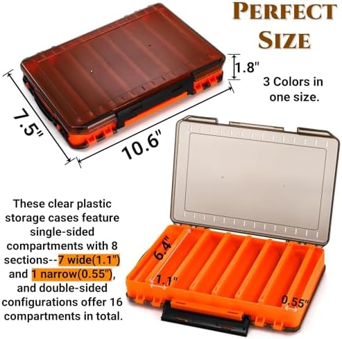 Noamus 3 Pack Double Sided Fishing Lure Boxes, 14 Compartments Fishing Tackle Organizer with 2 Buckle, Plastic Clear Storage Case, Visible Hard Bait Container for Jewelry Beads Earring Hook(3 Color) - Image 2
