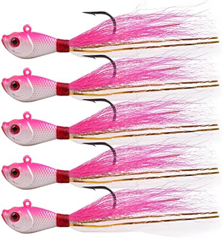 Bucktail Jigs Saltwater Hair Jig Lures, 5pcs Bucktail Jigs Fishing Lures Surf Fishing Jig Head Swimbait Jig Hook for Bass Flounder Striper 1/4oz 1/2oz 1oz 1.5oz by FUSIGO