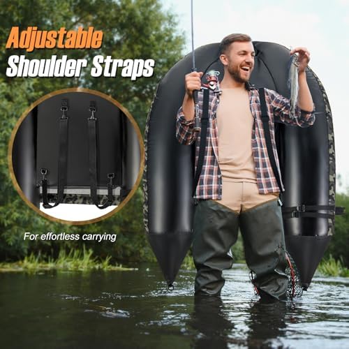 GYMAX Fishing Float Tube, 350LBS Inflatable Belly Boat with Oar, Flippers, Rod Holder, Fish Ruler, Hand Pump & Zipper Storage, Portable Backpack Float Tubes for Fishing - Image 7