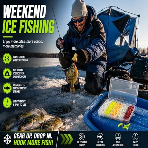 160PCS Ice Fishing Soft Plastic Worm Baits Kit, 5 Bright Colors Mini Soft Fishing Lures with 10 Hooks for Crappie, Trout, Bluegill, Perch & Panfish, Ice Fishing Jig Bait Set for Winter Fishing - Image 6
