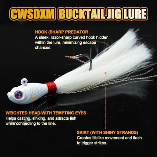 Bucktail Jigs, Realistic Hair Jig Fishing Lure with Single Hook, Bucktail Swimbait Jig for Bass Striper Walleye Flounder 1/4oz, 1/2oz, 1oz, 2oz - Image 3