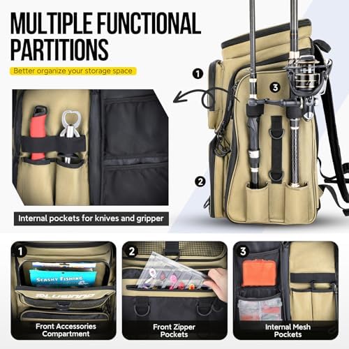 PLUSINNO Fishing Backpack with Rod Holders, 42L Large Water-Resistant Tackle Bag for Fishing, Camping, Hiking, Gifts - Khaki - Image 5