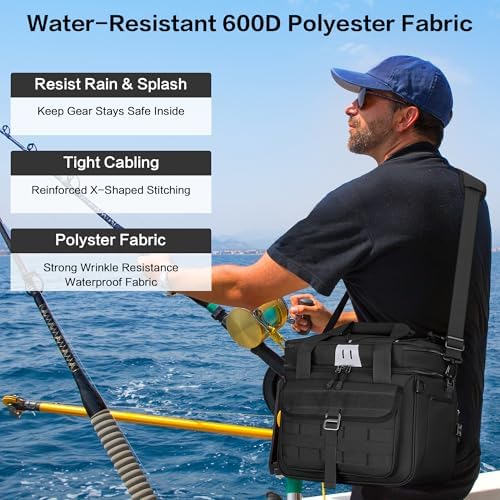 30L Large Fishing Tackle Bag, Waterproof, Double Deck, Black - Image 5