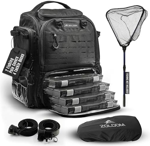 Waterproof Fishing Backpack with Tackle Boxes, Rod Holder & Foldable Net - 40L Fishing Tackle Bag with Trays Included, Extra Storage Gear and Equipment, Rain Cover, Fisherman Gift for Men by ZMZALOOM