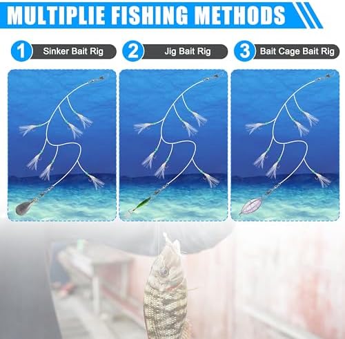 Fishing Bait Rigs Saltwater Surf Fishing Lures Bait Rig with Real Fish Skin Glow Beads Sharp Hooks Swivels Surf Fishing Rigs Sea Bass Cod Herring Hook Rig Size 4 6 8 - Image 6