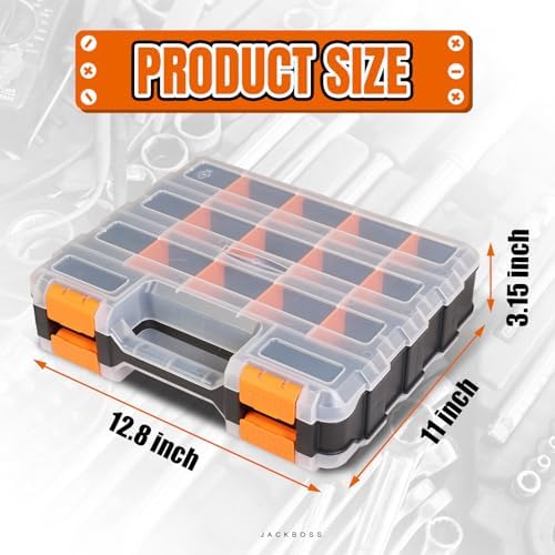 Jack Boss Tool Box with Transparent Lid, Double Side 34-Compartments Organizer Box with Removable Dividers for Hardware, Screws, Bolts, Nails, Beads, Jewelry and Fishing Accessories, Orange, 1 Pack - Image 2