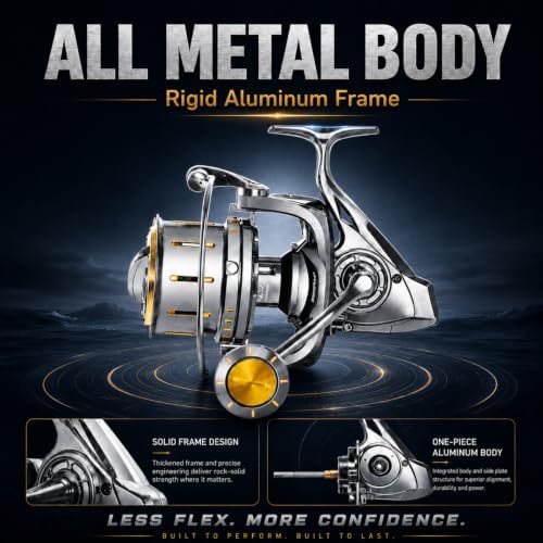 Heavy Duty Spinning Reel Metal Body with CNC Machined Spool 55LB Max Drag 6/8+1 Bearings Ultra Smooth 4.6/4.8:1 High Speed Gear Ratio Saltwater Freshwater Fishing Reel for 8000 to 14000 Series - Image 4