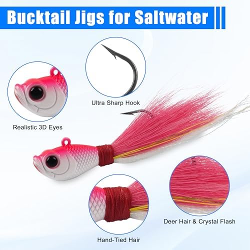 Bucktail Jigs Saltwater Fishing Lures Surf Bucktail Hair Fishing Jigs Swimbait Jig Heads for Freshwater Saltwater Bass Flounder Striper Bluefish Halibut Redfish - Image 2