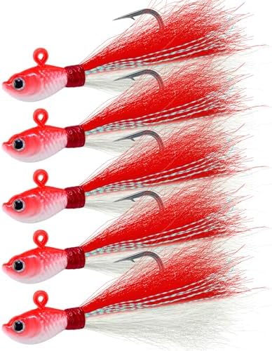 Alwonder 5-Pack Bucktail Jigs Hair Jigs Saltwater Freshwater Fishing Bucktail Lures Surf Fishing Jig Heads White Luminous Chartreuse Swimbait Jig for Bass Flounder Striper Bluefish Halibut Redfish by Alwonder