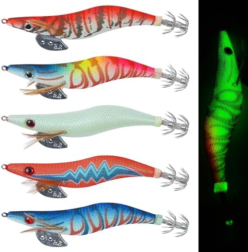 Glow Squid Jig Saltwater Squid Lures, 5/10pcs Luminous Squid Jig Hooks Shrimp Prawn Lures Fluorescent Cuttlefish Sleeve Octopus Jigs Artificial Baits Night Fishing Tackle Size 2.5# 3# 3.5# by AGOOL