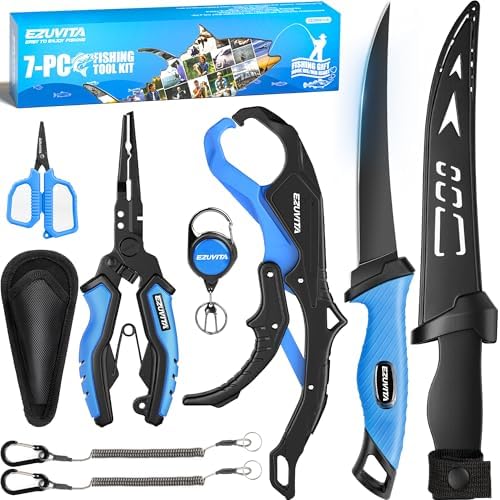 7-Piece Fishing Tool Kit with Pliers, Fillet Knife and Lip Gripper by EZUVITA