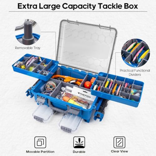 THKFISH Waterproof Double Side Tackle Box, Portable Storage Box with 2 Pack 3500 Stowaway Boxes & Rod Holders, Fishing Lure Organizer YellowPink/Green/Blue/Grey (L-Blue) - Image 3
