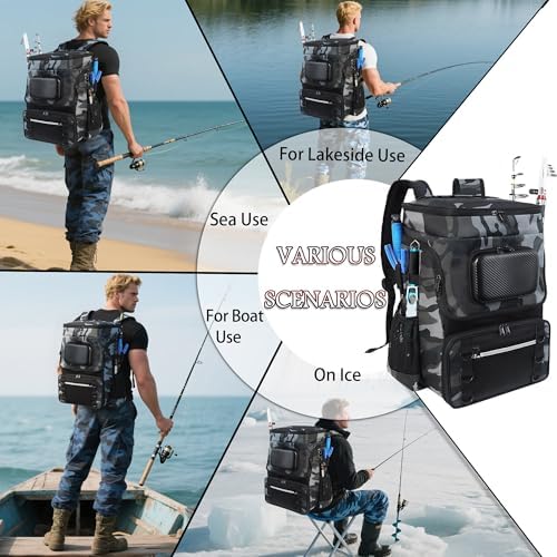 Fishing Backpack with Rod Holder X-Large 60L Tackle Gears Bag with Cooler for Storage Tackle Box and Fishing Accessories Stuff, Fish Gifts for Men Woman-Gray Camo - Image 7