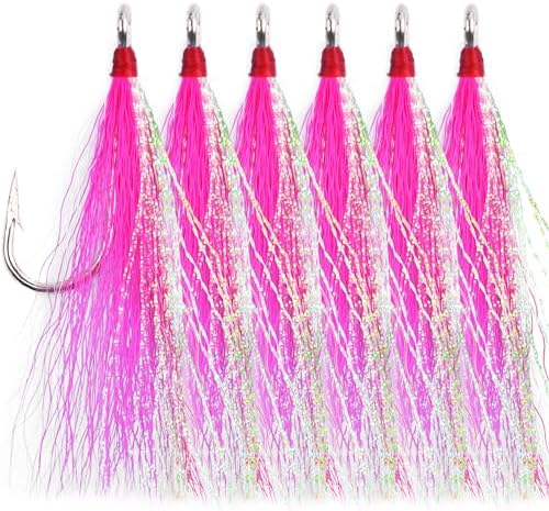 Bucktail Teasers Fishing Hooks Saltwater Flounder Rig Bucktail Mylar Teasers Inserted Stainless Steel Fishing Teaser Hooks for Striped Bass Trout Catfish Cod Flounder Hi/Lo Rig Jigs Spoons Lures by AGOOL
