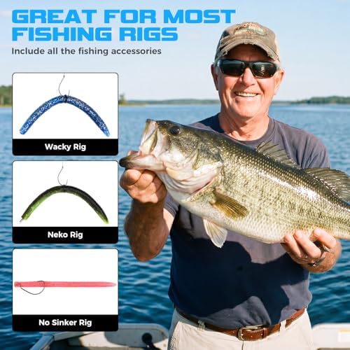 TOPFORT Fishing Lures, Bass Fishing Kit with Wacky Worm, Fishing Worms for Bass Fishing, Soft Plastic Baits with Hooks, Weights, Fishing Accessories, Fishing Gear Fishing Gifts for Men with Tackle Box - Image 4