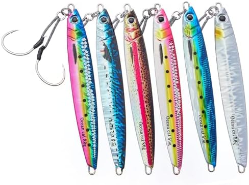 OCEAN CAT Long Casting Slow Fall Pitch Fishing Jigs Lures Lead Metal Flat Sinking Vertical Shore Jigging Bait with Assist Hook for Saltwater Freshwater Fishing 20g 40g 60g 80g by OCEANCAT