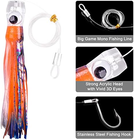 Saltwater Fishing Lures 6/9inch Trolling Lures for Marlin Mahi Tuna Dolphin Shark Big Game Deep Sea Fishing Baits Squid Skirts Rigged Hooks Ocean Gear Tackle - Image 2