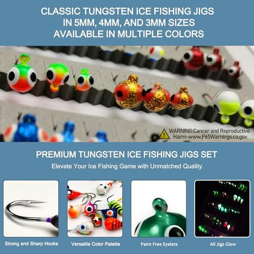 45Pcs Tungsten Ice Fishing Jigs Lures Kit, Micro Glow Tungsten Winter Jig Heads Hooks for Walleye Crappie Panfish Trout, Ice Fishing Gear Equipment Tackle Accessories - Image 5