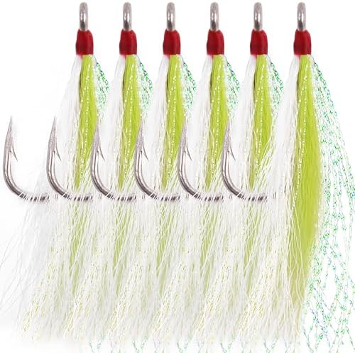 Bucktail Teasers Fishing Hooks Saltwater Flounder Rig Bucktail Mylar Teasers Inserted Stainless Steel Fishing Teaser Hooks for Striped Bass Trout Catfish Cod Flounder Hi/Lo Rig Jigs Spoons Lures by AGOOL