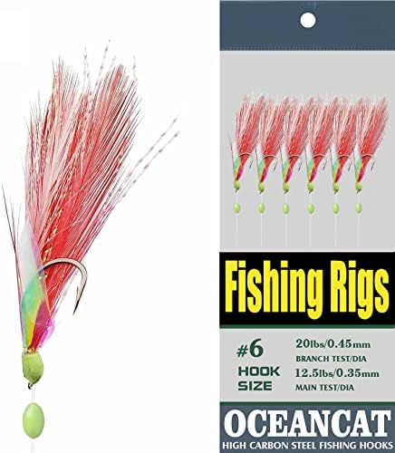 10 Packs 2pcs White & Red Feather & Rainbow Skin 6 Hooks Saltwater String Hook Fishing Luer Bait Rig Tackle by OCEANCAT