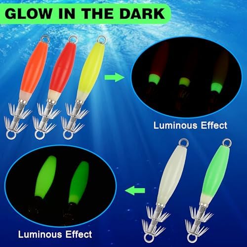 OROOTL Squid Jigs Saltwater Fishing Lures, 5/10pcs Glow Squid Jig Hooks Luminous Cuttlefish Sleeve Octopus Jig Baits Night Fishing Octopus Lures Set with Tackle Box - Image 3