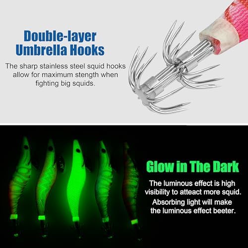 Glow Squid Jig Saltwater Squid Lures, 5/10pcs Luminous Squid Jig Hooks Shrimp Prawn Lures Fluorescent Cuttlefish Sleeve Octopus Jigs Artificial Baits Night Fishing Tackle Size 2.5# 3# 3.5# - Image 3