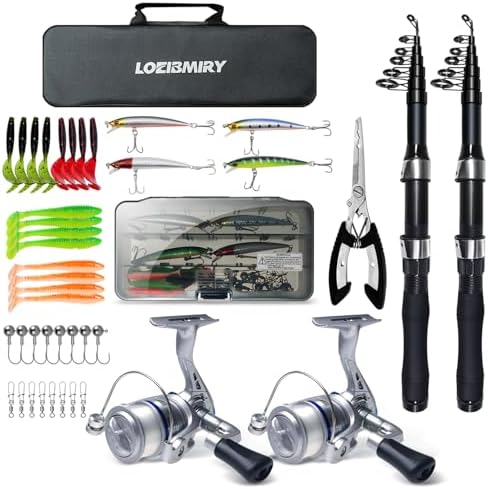 Fishing Rod Reel Combo - 2PCS 6.89ft Collapsible Rods 2PCS Spinning Reels Lures Set Fishing Pliers Carrier Bag for Travel Saltwater Freshwater Fishing Telescopic Fishing Pole Kit by LOEIBMIRY