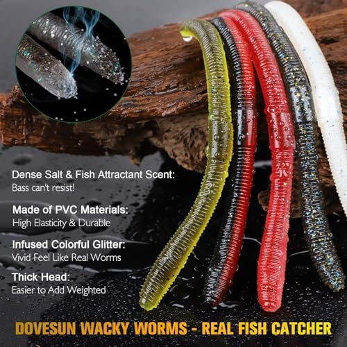Dovesun Wacky Worm for Bass Trout Fishing Worms Kit with Soft Plastic Baits, Weedless Hooks, Bass Hooks,Weedless Jig Head, Wacky Rig Tool, O-Rings, Weight 152Pcs/131Pcs/50Pcs - Image 2