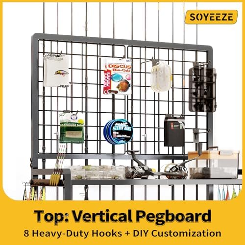 SOYEEZE Large Size Fishing Rod Holders for 12 Rods, Rolling Fishing Pole Holders for Garage, 3-Tier Fish Rod Rack for Tackle Box, Fishing Supplies,a Display Fish Gear Storage Gift for Man - Image 4