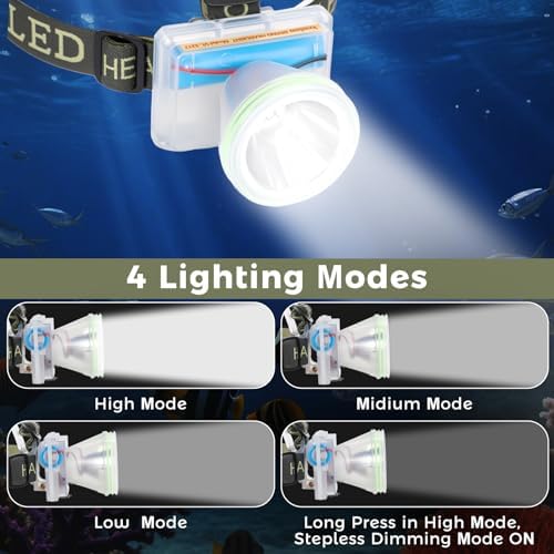 Rechargeable Diving Headlamp, 4 Modes, 20H Runtime, Lightweight Scuba Dive Light, 4000mA Battery with USB Charger Cable - Image 2