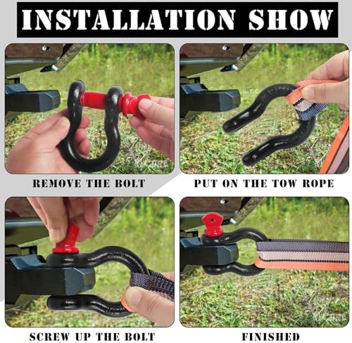 1/2" D Ring Shackle with 5/8" Screw Pin, 2T Working Load Limit (WLL) / 12T (26,455 lb) Minimum Breaking Strength (MBS) for Tow Strap Winch, Off-Road Vehicle Recovery (Black/Red, 8 Pack) - Image 5