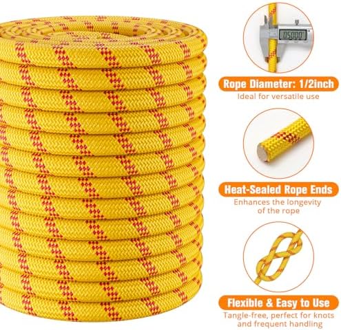 Double Braided Arborist Rigging Rope - 1/2 in X 150 ft 48 Strands Rappelling Outdoor Pulling Heavy Duty Polyester Bull Rope for Swing Tree Work Camping Rescue Hiking - Yellow - Image 4