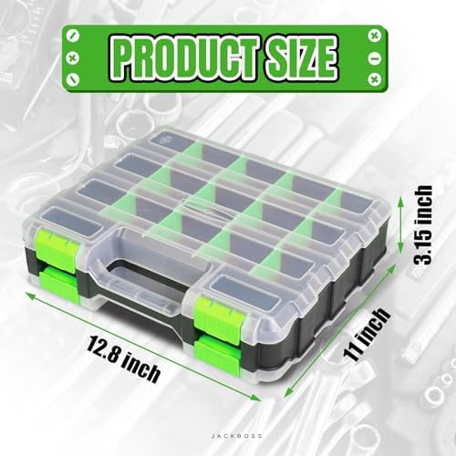 Jack Boss Tool Box with Transparent Lid, Double Side 34-Compartments Organizer Box with Removable Dividers for Hardware, Screws, Bolts, Nails, Beads, Jewelry and Fishing Accessories, Green, 4 Pack - Image 2