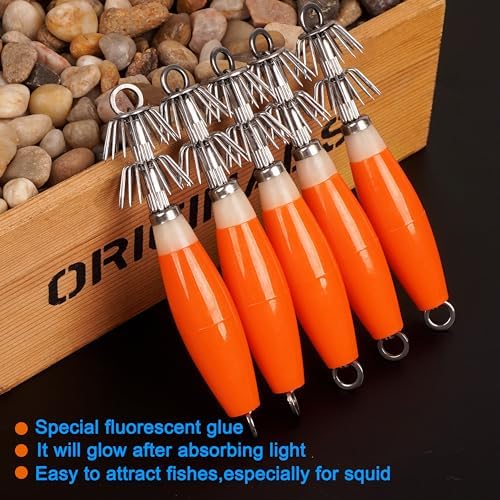 OROOTL Squid Jigs Saltwater Fishing Lures, 5/10pcs Glow Squid Jig Hooks Luminous Cuttlefish Sleeve Octopus Jig Baits Night Fishing Octopus Lures Set with Tackle Box - Image 6