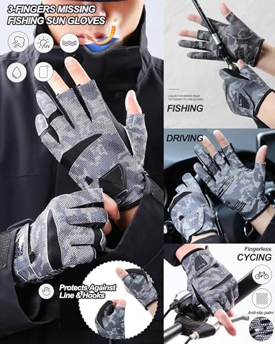 Camo Fishing Gloves for Women Men UV Sun Protection, 3 Fingers Open - Image 2