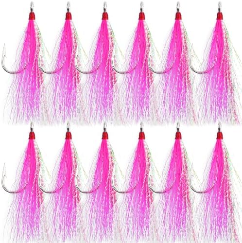 Bucktail Teasers Fishing Hooks Saltwater Flounder Rig Bucktail Mylar Teasers Inserted Stainless Steel Fishing Teaser Hooks for Striped Bass Trout Catfish Cod Flounder Hi/Lo Rig Jigs Spoons Lures by AGOOL