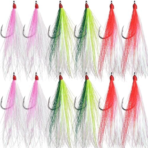 Bucktail Teasers Fishing Hooks Saltwater Flounder Rig Bucktail Mylar Teasers Inserted Fishing Teaser Hooks for Jigs Spoons Lures Hi/Lo Rig Striped Bass Bluefish Flounder Surf Bottom Fishing by AGOOL