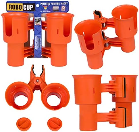 ROBOCUP, (Orange), Patented Clamp On Boat Cup Holder |Multifunction Dual Drink Caddy for Fishing Poles, Tools, Net, Gaff |Portable Storage for Boating, Beach, Umbrellas, Golf Carts, Strollers by RoboCup