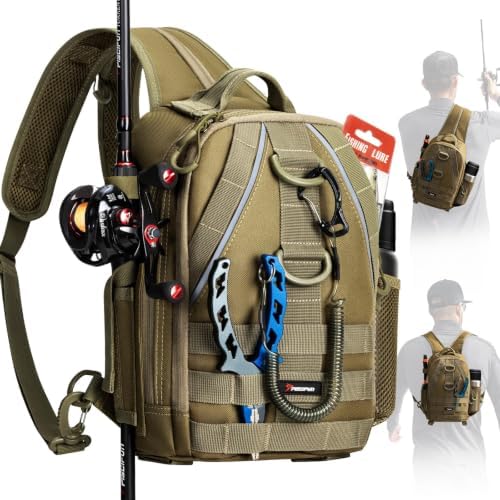 Piscifun Fishing Backpack, Rod Holders, Lightweight Sling Bag, Khaki by Piscifun