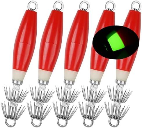 OROOTL Squid Jigs Saltwater Fishing Lures, 5/10pcs Glow Squid Jig Hooks Luminous Cuttlefish Sleeve Octopus Jig Baits Night Fishing Octopus Lures Set with Tackle Box by OROOTL