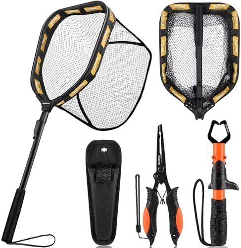 PLUSINNO Floating Fishing Net for Steelhead, Salmon, Fly, Kayak, Catfish, Bass, Trout Fishing, Rubber Coated Foldable Landing Net with Fixed or Telescoping Pole Handle, Fishing Gear and Gifts for Men by PLUSINNO