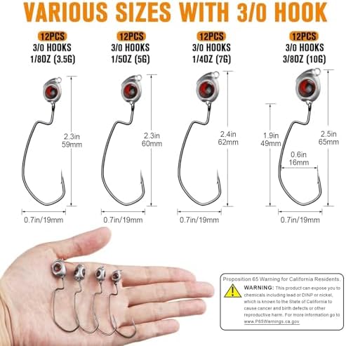 Dovesun Swimbait Jig Head 12PCS Ned Rig Jig Heads Weedless Jig Heads with 3/0 Texas Rig Hooks for Bass Fishing 1/8 1/5 1/4 3/8oz - Image 6