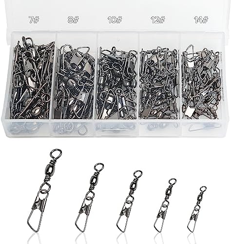 Realure 100 Pcs Fishing Swivels and Clips, Safety Snaps Swivels Fishing Tackle, Sea Fishing Swivels, Rolling Swivel for Quick Change Swivels Fishing Hook to Line Connectors (7# 8# 10# 12# 14#) by Realure