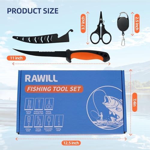 RAWILL Fishing Kit,Filleting Knife,Hook Remover,Fish Grip, Line Cutter,Fishing Scale, Pliers with Lanyards,Not Include Batteries - Image 3